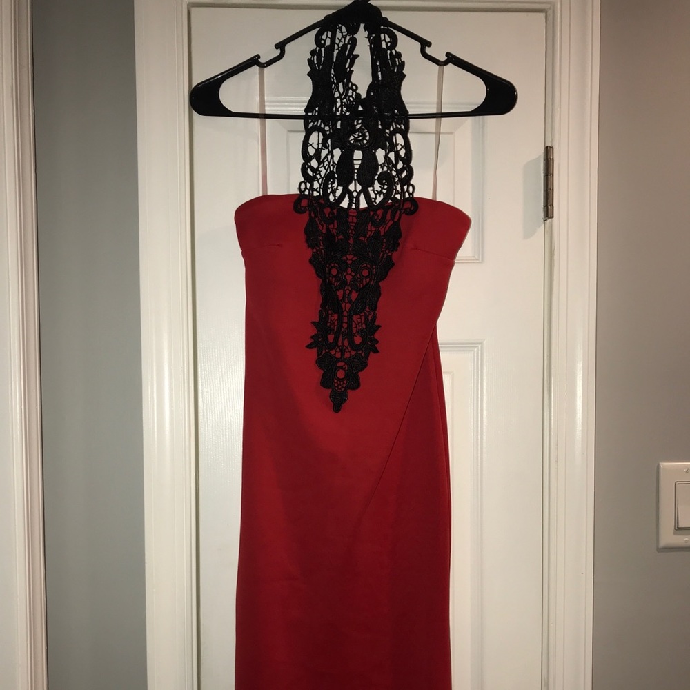 Red and black lace dress